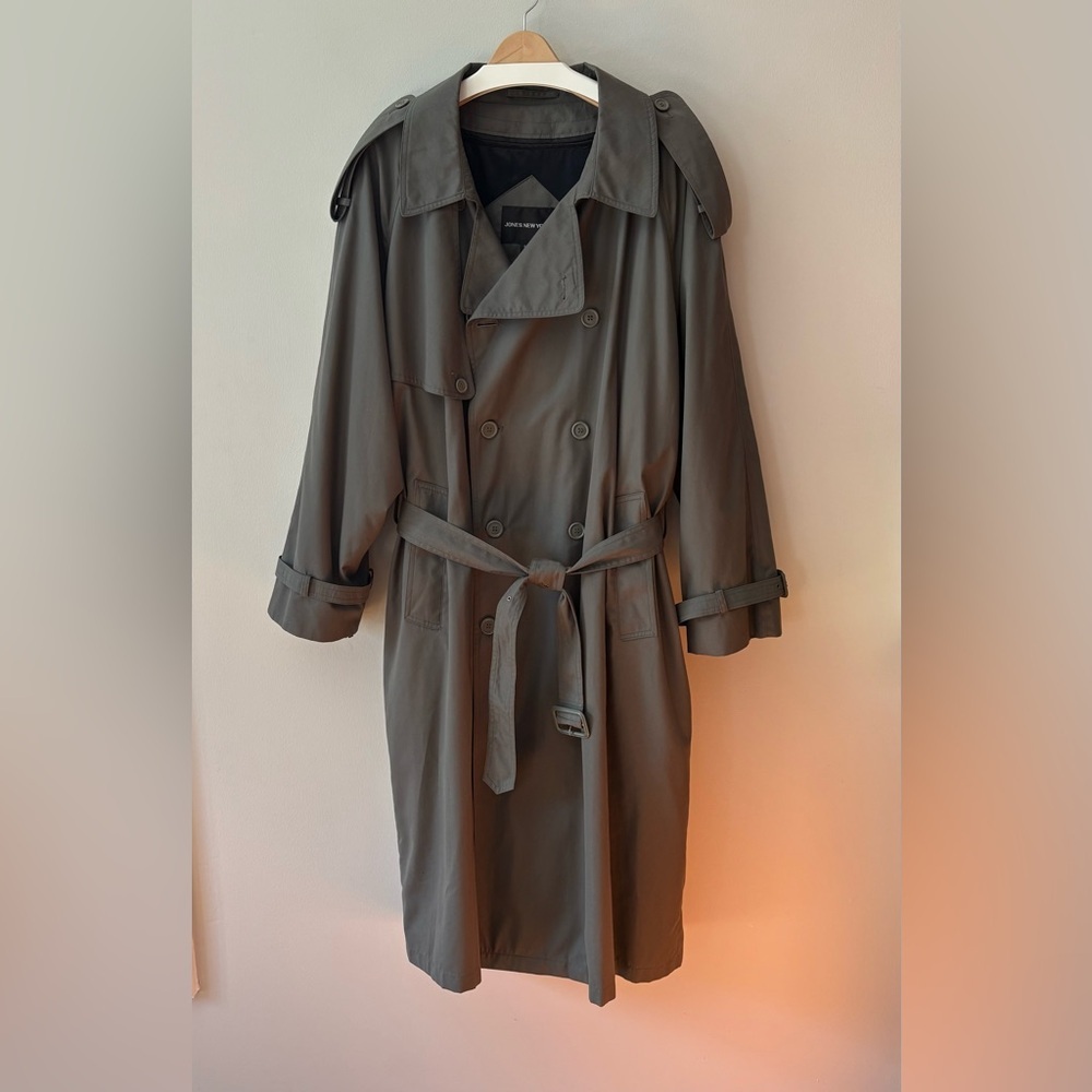 Jones New York Trench Coat Wool Liner Green Grey Size 46R